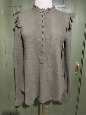 Pilcro Olive Ruffle-Trim Henley Long-Sleeve Top